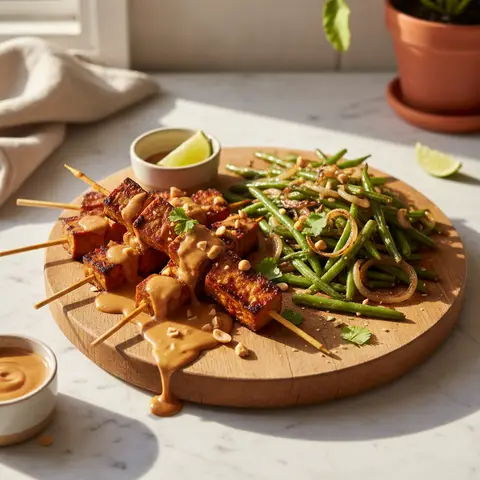Tempeh satay au four et haricots verts
