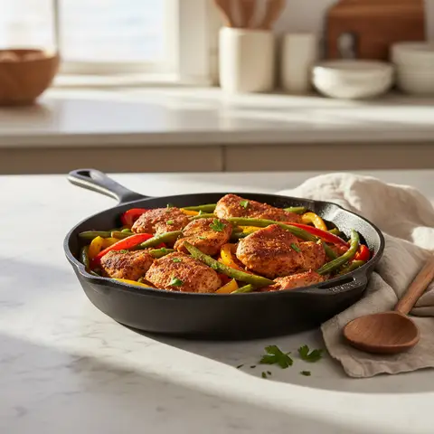 Dinde cajun, haricots verts et poivrons au four