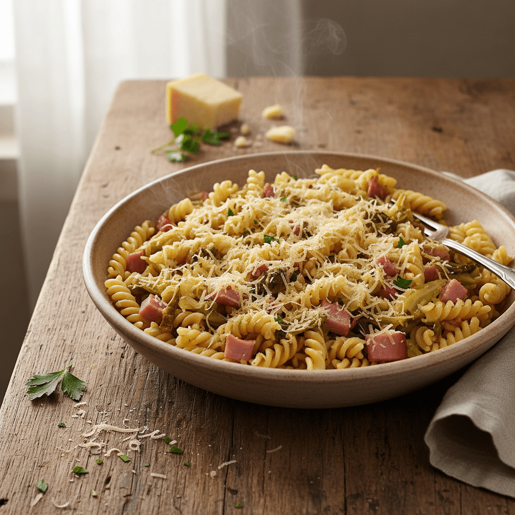 Pasta with Ham, Cabbage and Cheese