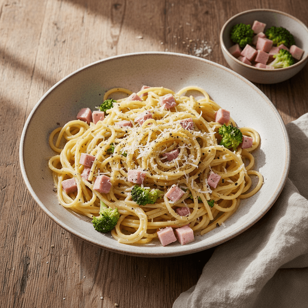 Revisited Carbonara with Ham and Broccoli