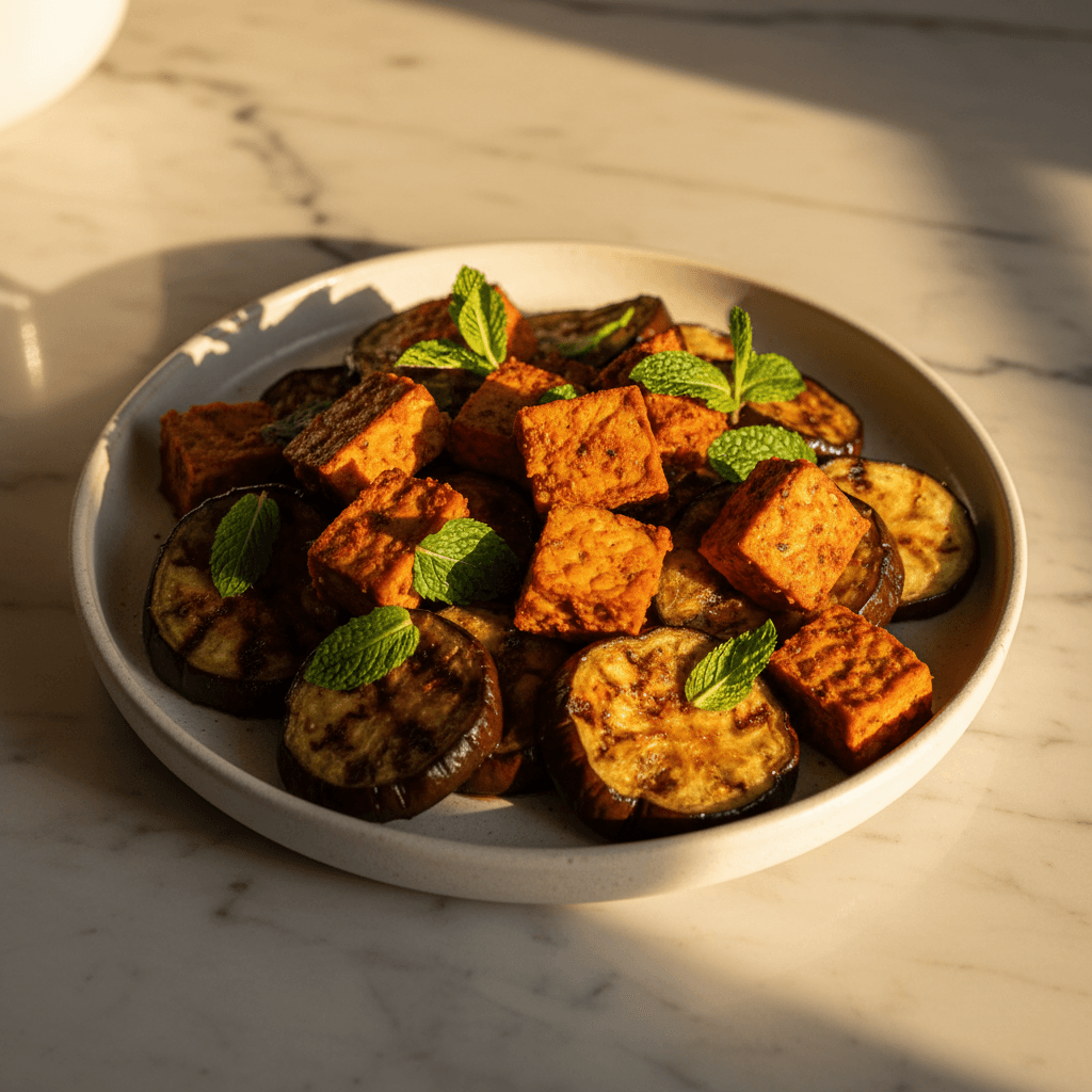 Tempeh grillé à la harissa et aubergine