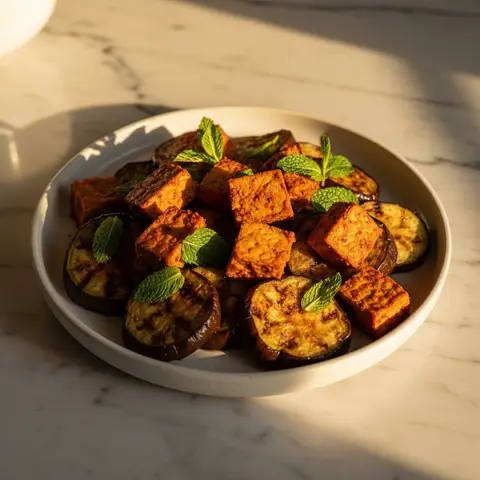 Tempeh grillé à la harissa et aubergine