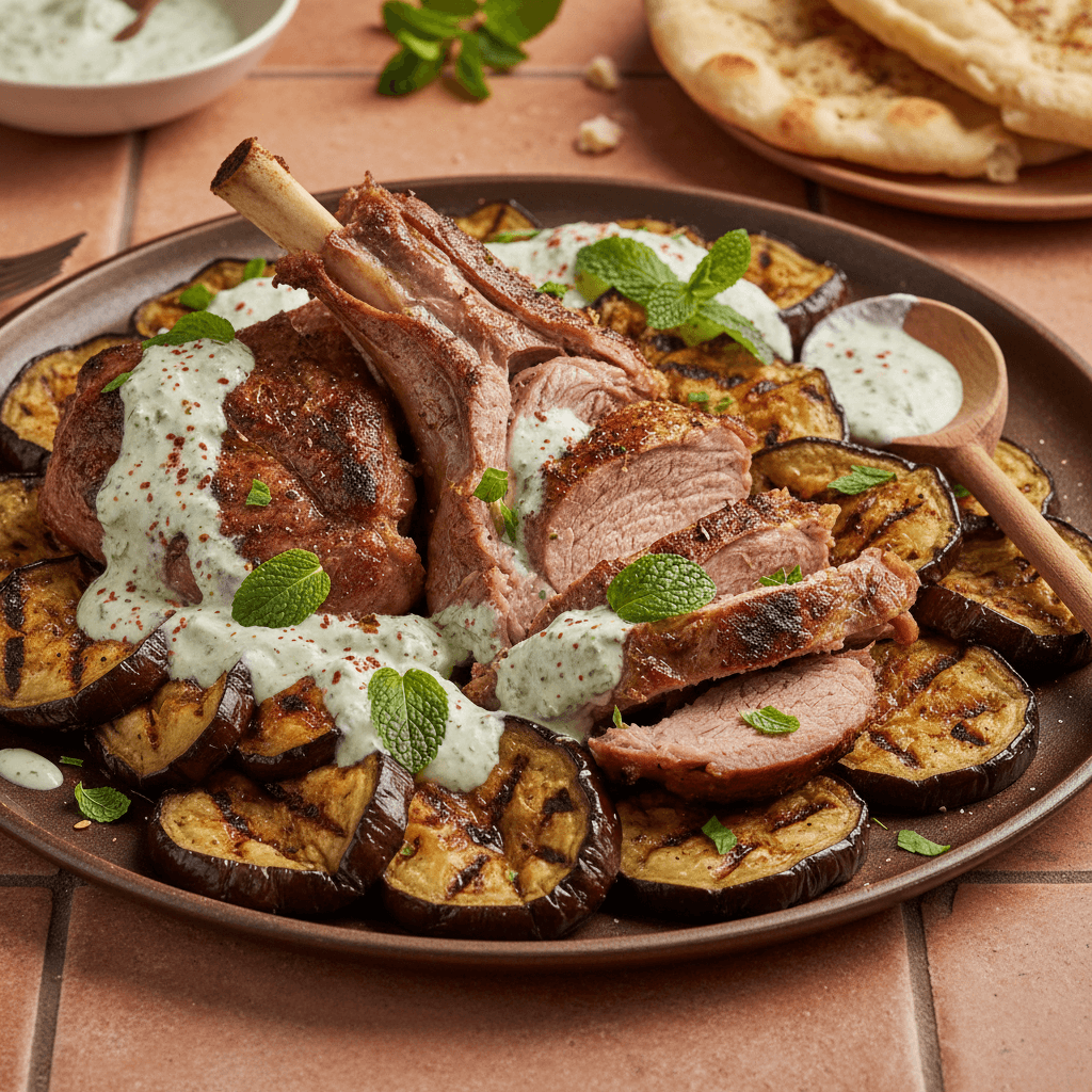 Souris d'agneau grillée aux aubergines et menthe