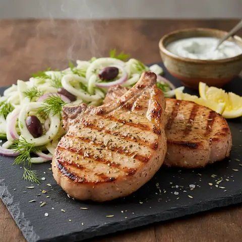 Cotes de porc a la grecque et salade de fenouil