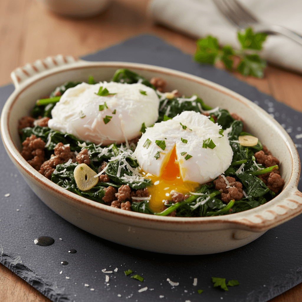 Oeufs poches a la florentine au boeuf hache et epinards