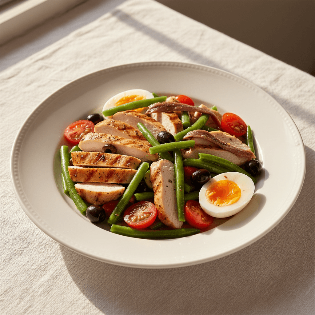 Salade niçoise au poulet, haricots verts et anchois