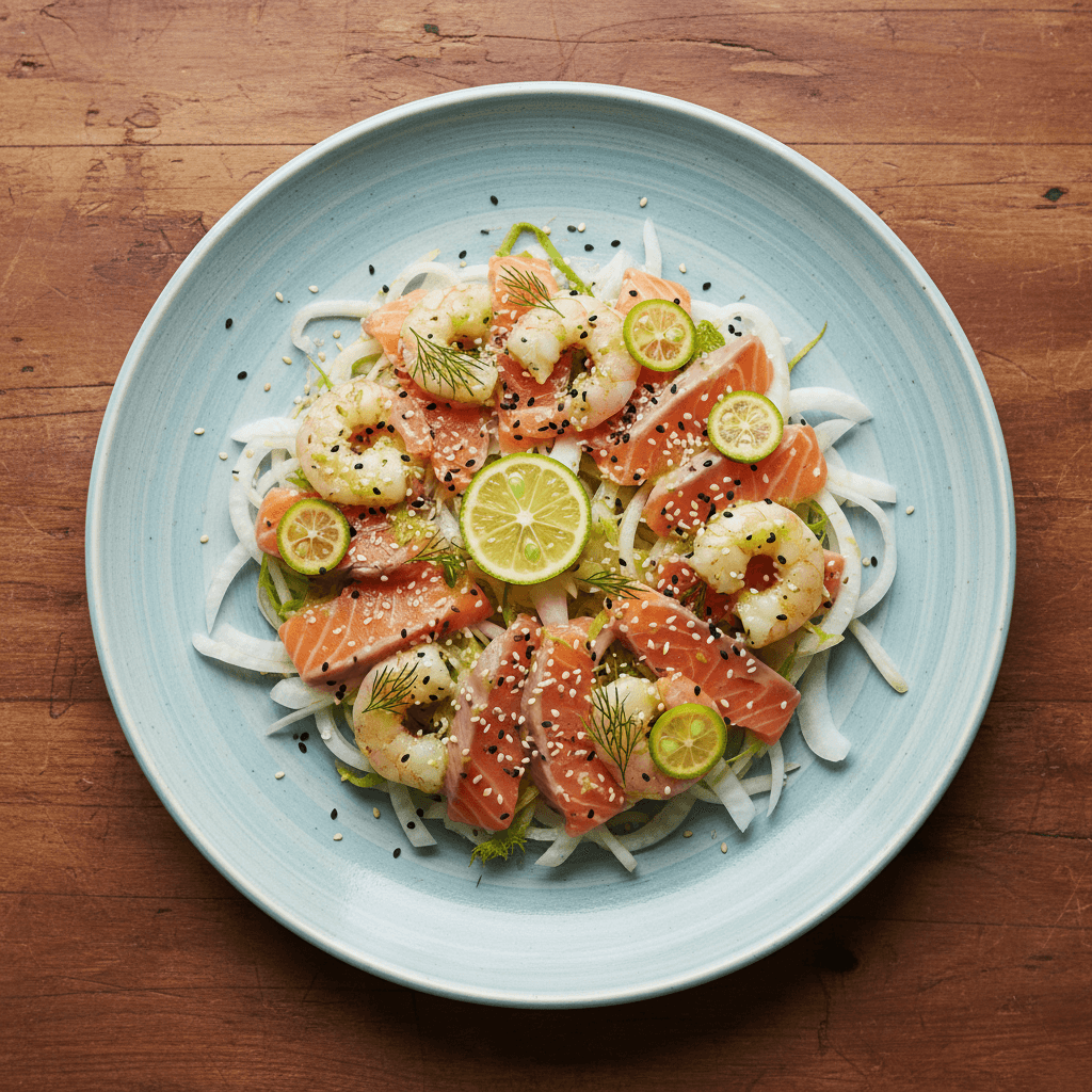Carpaccio de saumon et crevettes au yuzu