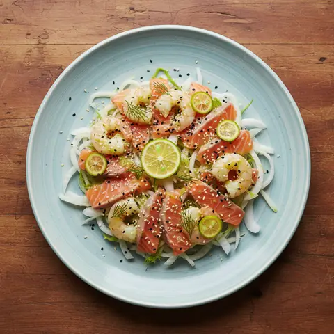 Carpaccio de saumon et crevettes au yuzu