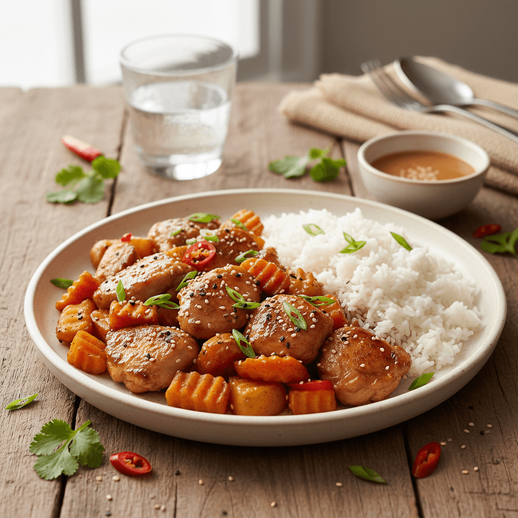 Asiatisch gebratenes Hähnchen mit Reis und Gemüse