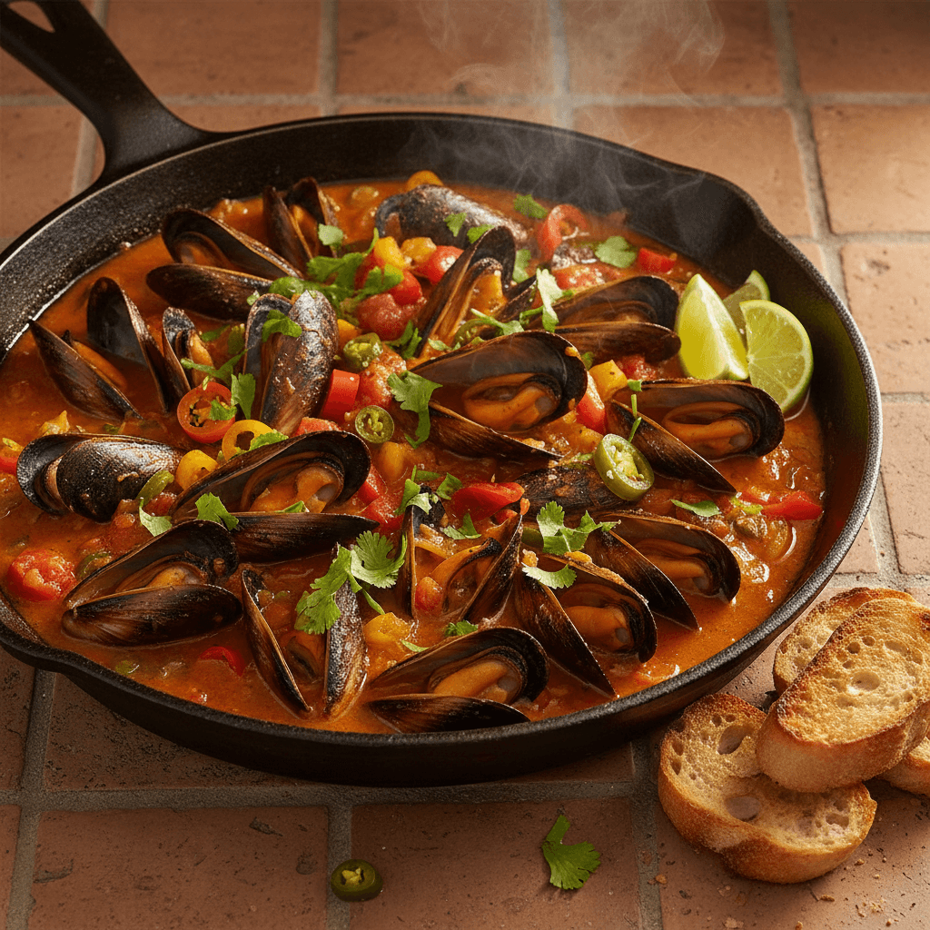 Moules à la mexicaine aux poivrons et coriandre