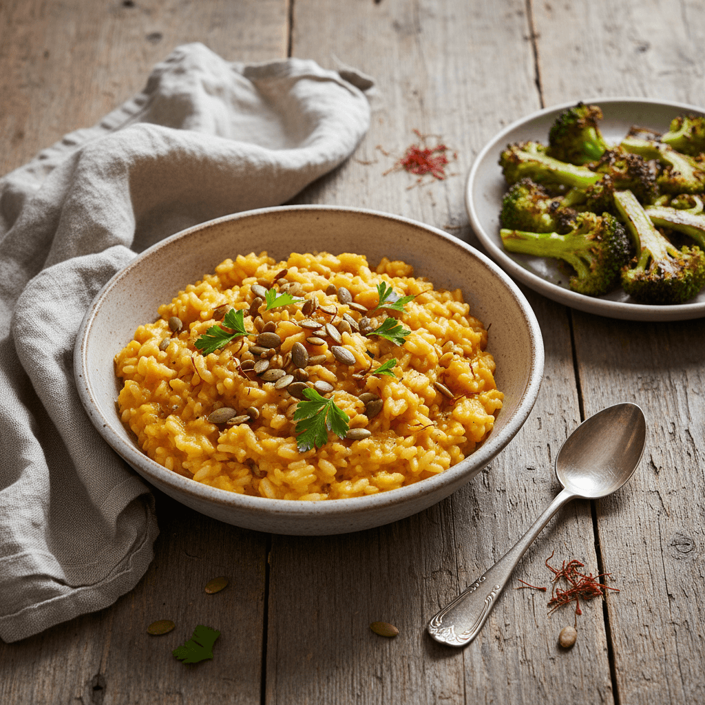 Risotto mit Kürbis und Safran mit geröstetem Brokkoli