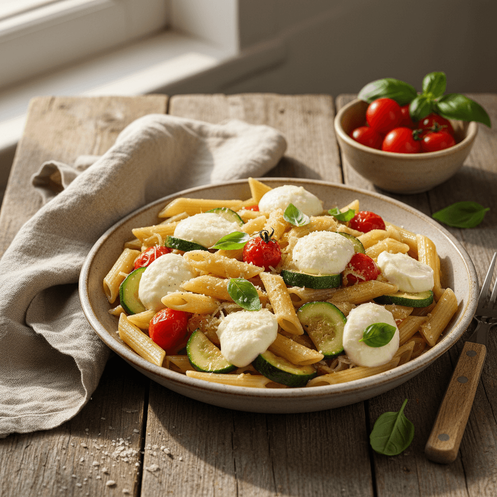 Penne mit Zucchini, Tomaten und Mozzarella