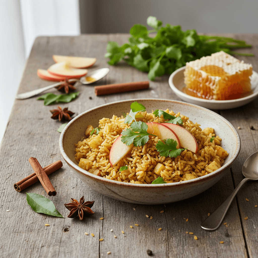 Gebratener Reis mit Äpfeln und mildem Curry