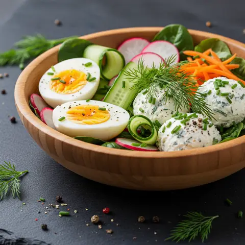 Bowl nordique aux œufs et fromage frais sur crudités