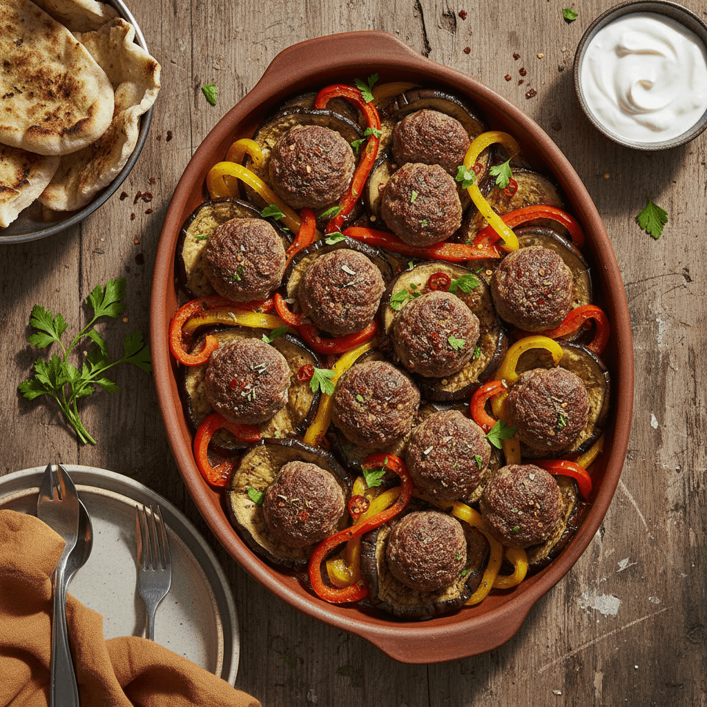 Boulettes de boeuf au four avec aubergines et poivrons
