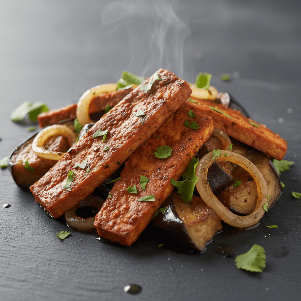 Poêlée de tempeh à la harissa avec aubergines et oignons