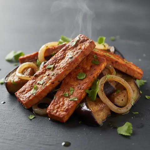 Poêlée de tempeh à la harissa avec aubergines et oignons