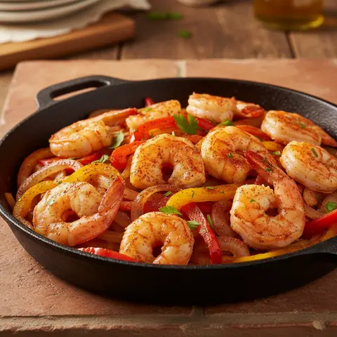 Poêlée de crevettes aux poivrons et oignons