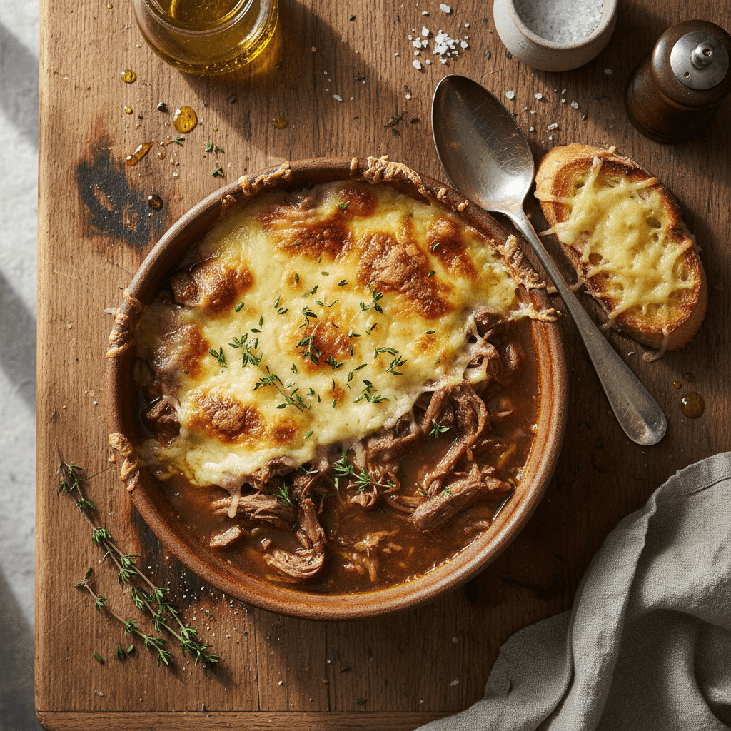 Soupe à l'oignon gratinée au bœuf