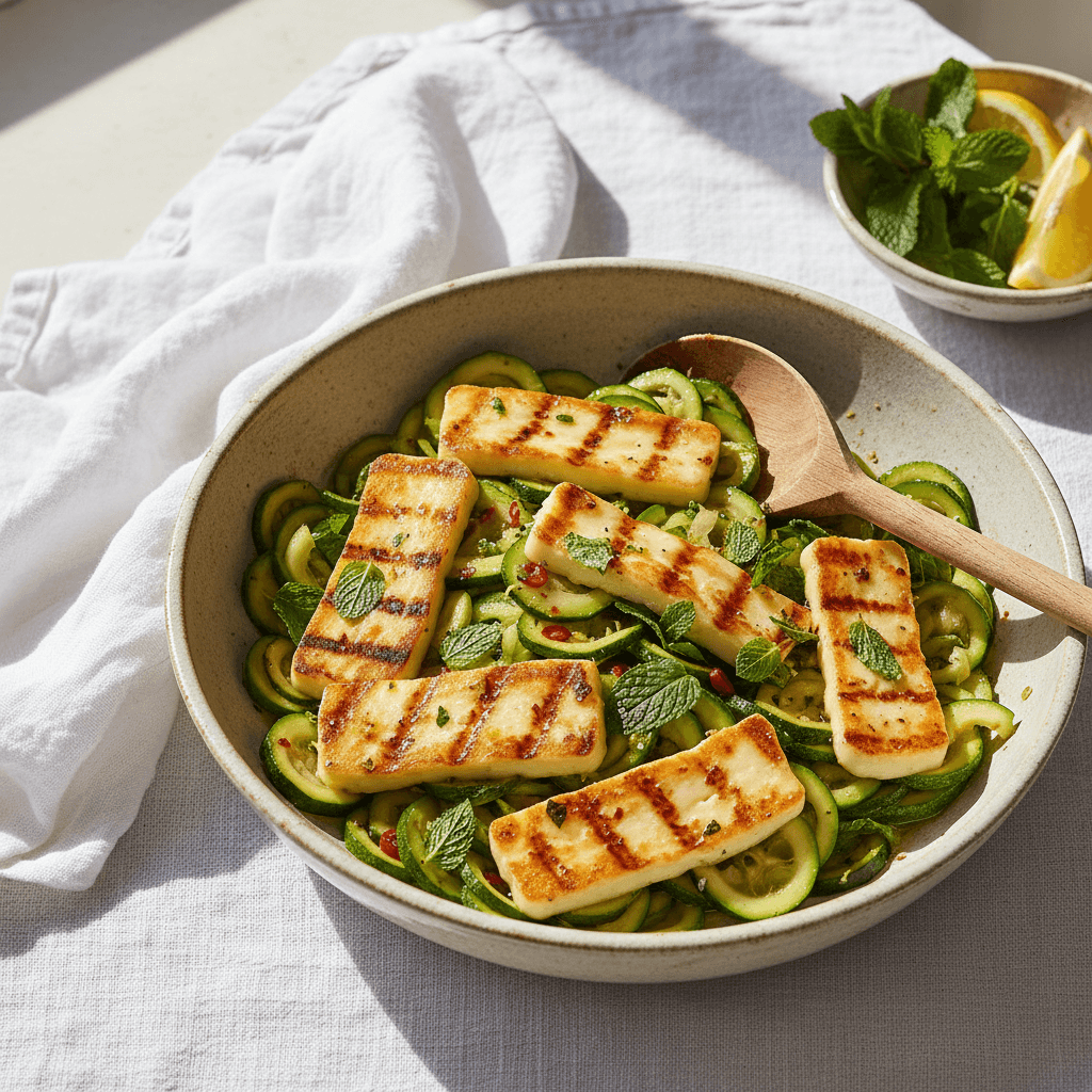 Wok d'halloumi grillé aux courgettes et menthe