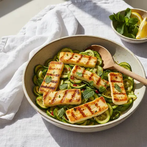 Wok d'halloumi grillé aux courgettes et menthe