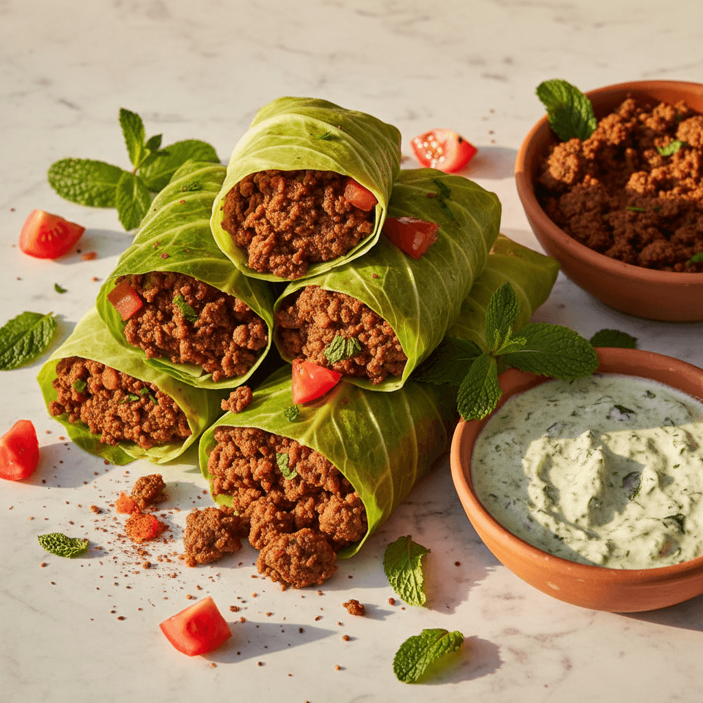 Wrap de chou au keema d'agneau et menthe