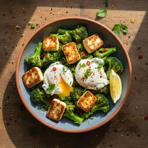 Bowl libanais aux œufs pochés et halloumi sur brocoli