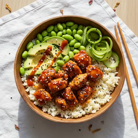 Poké bowl au poulet teriyaki sur riz de chou-fleur