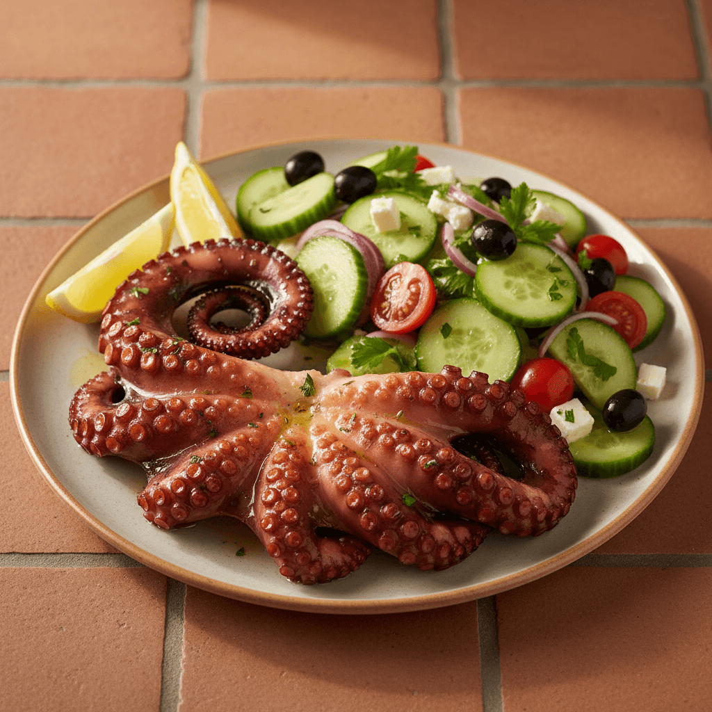 Poulpe grillé à la grecque et salade de concombre