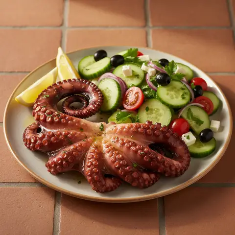 Poulpe grillé à la grecque et salade de concombre