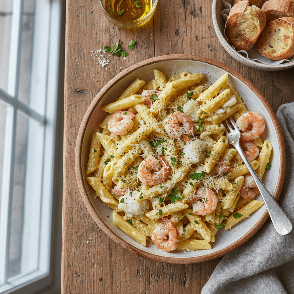 Vereinfachte Carbonara-Pasta mit Garnelen