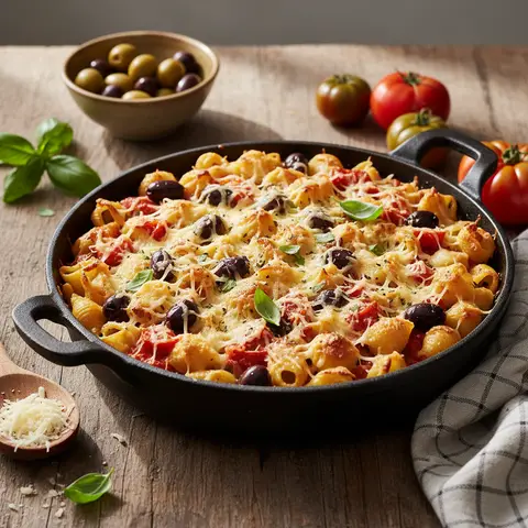 Coquillettes Gratinées aux Olives et Tomates