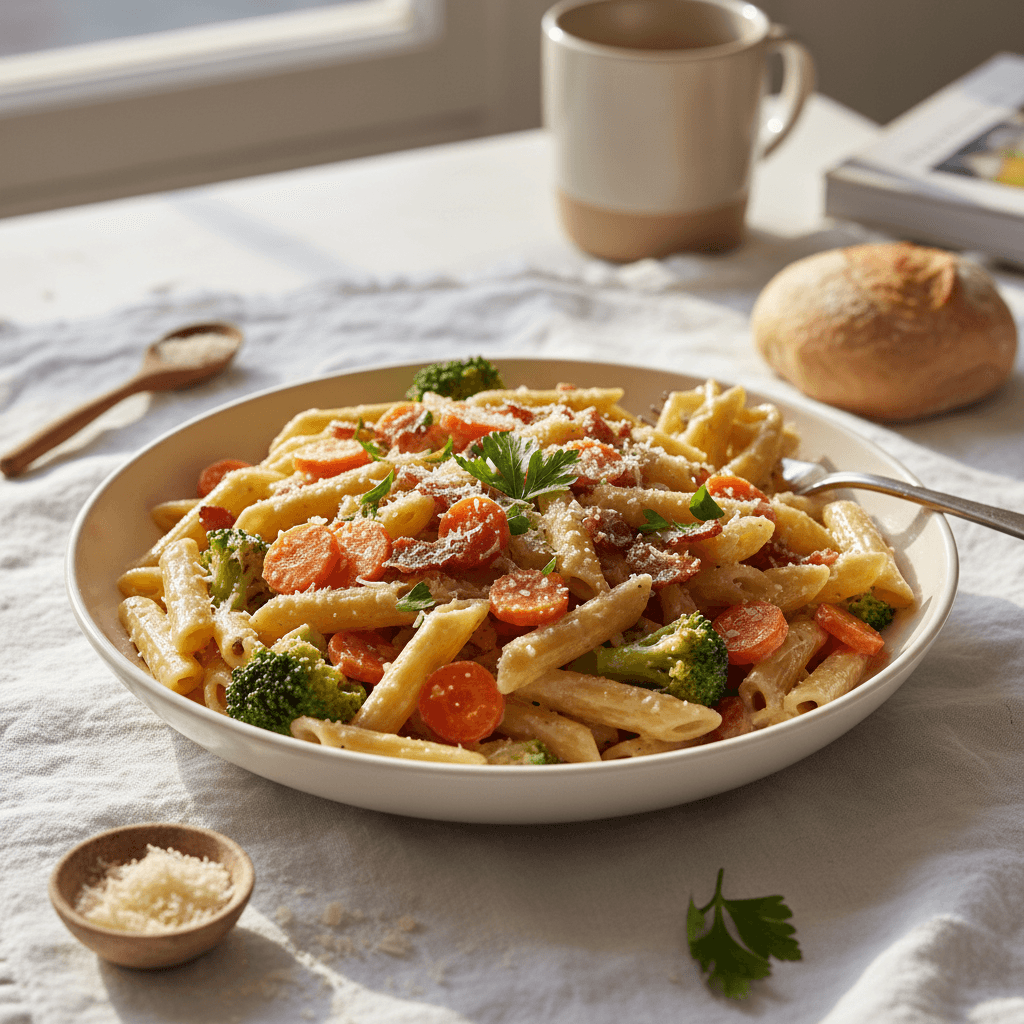 Pâtes Crémeuses Brocoli-Carotte et Lardons