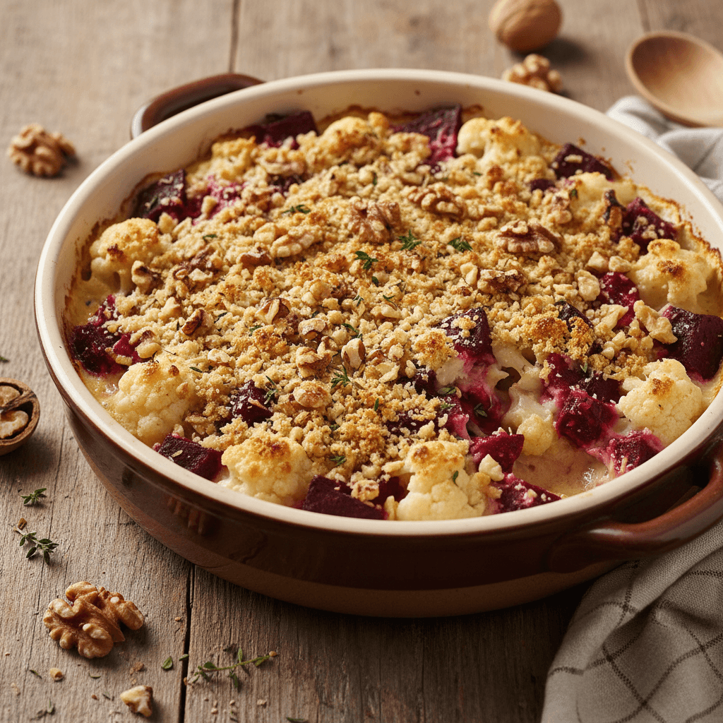 Auflauf aus Blumenkohl und Rote Bete mit Nüssen