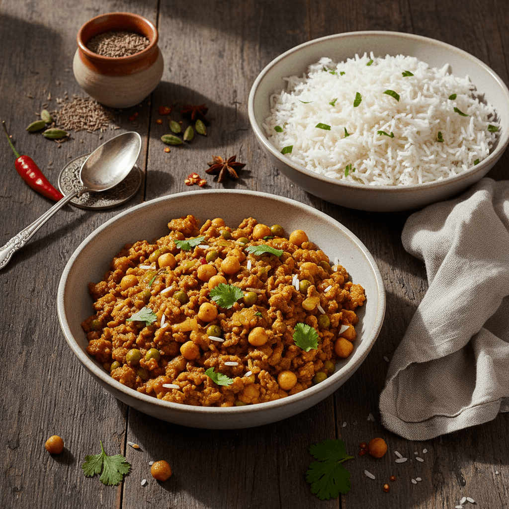 Curry mit Hackfleisch, Reis und Kichererbsen