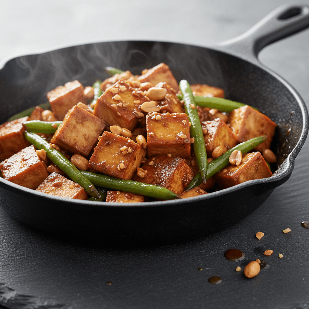Sauté express de tofu ferme aux haricots verts et cacahuètes