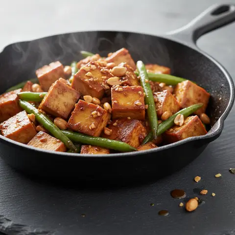 Sauté express de tofu ferme aux haricots verts et cacahuètes