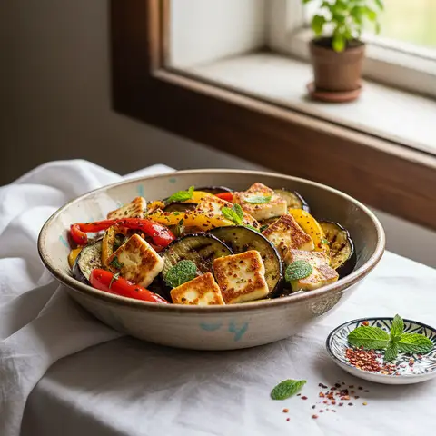 Bowl turc au halloumi, aubergine grillée et poivrons