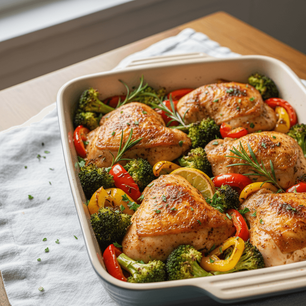 Poulet rôti au paprika, brocoli et poivrons