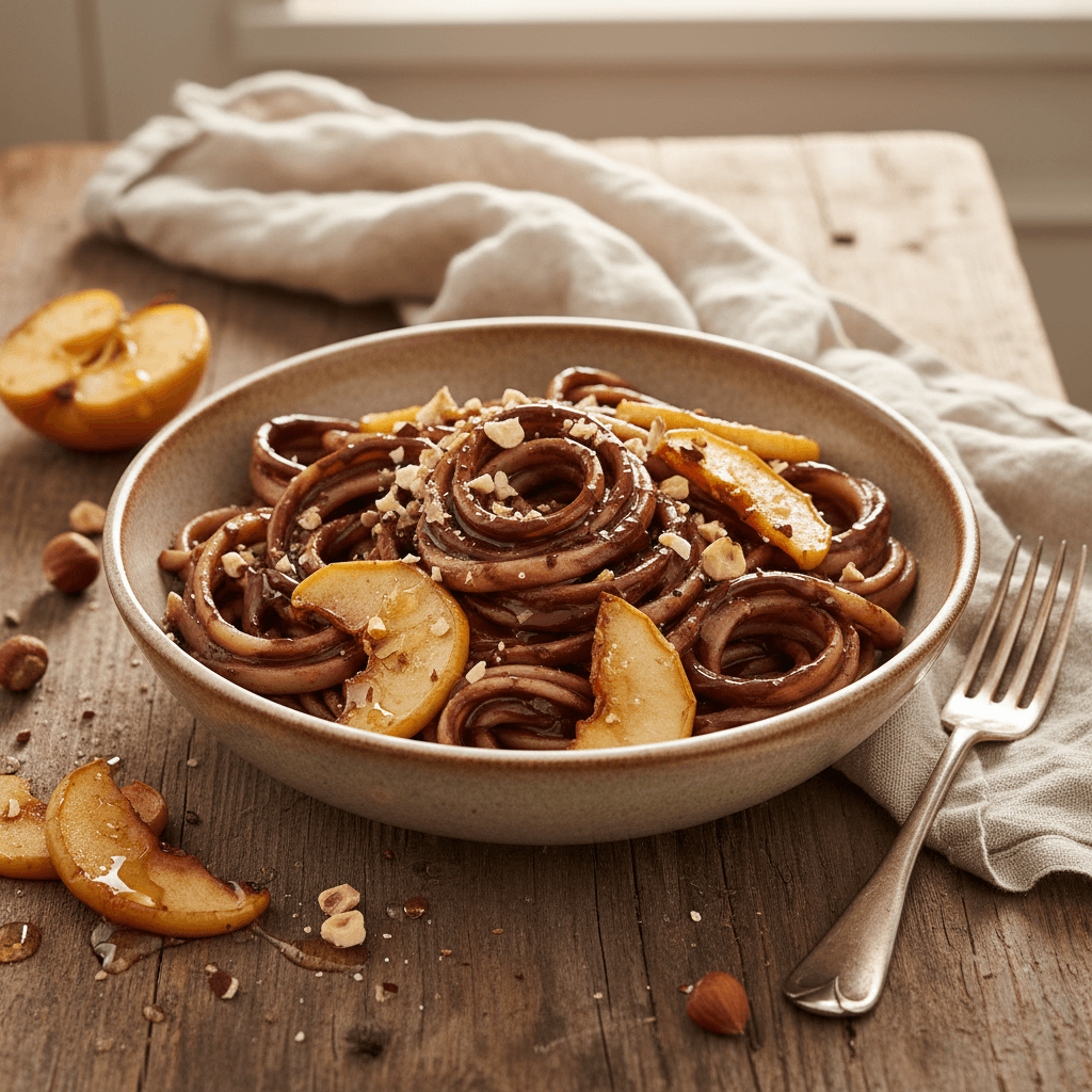 Nudeln mit Schokolade-Sahne und Früchten