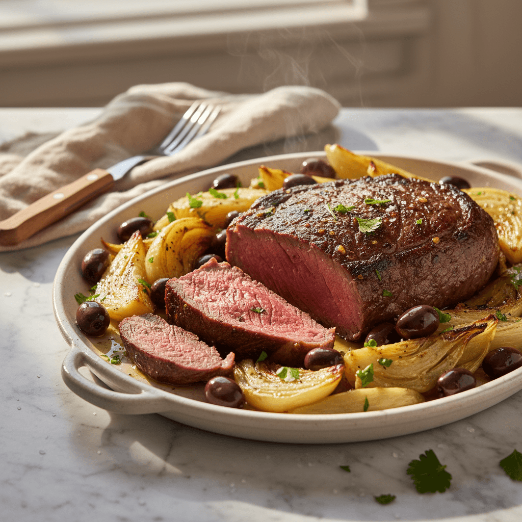 Bavette de boeuf au four avec fenouil et olives
