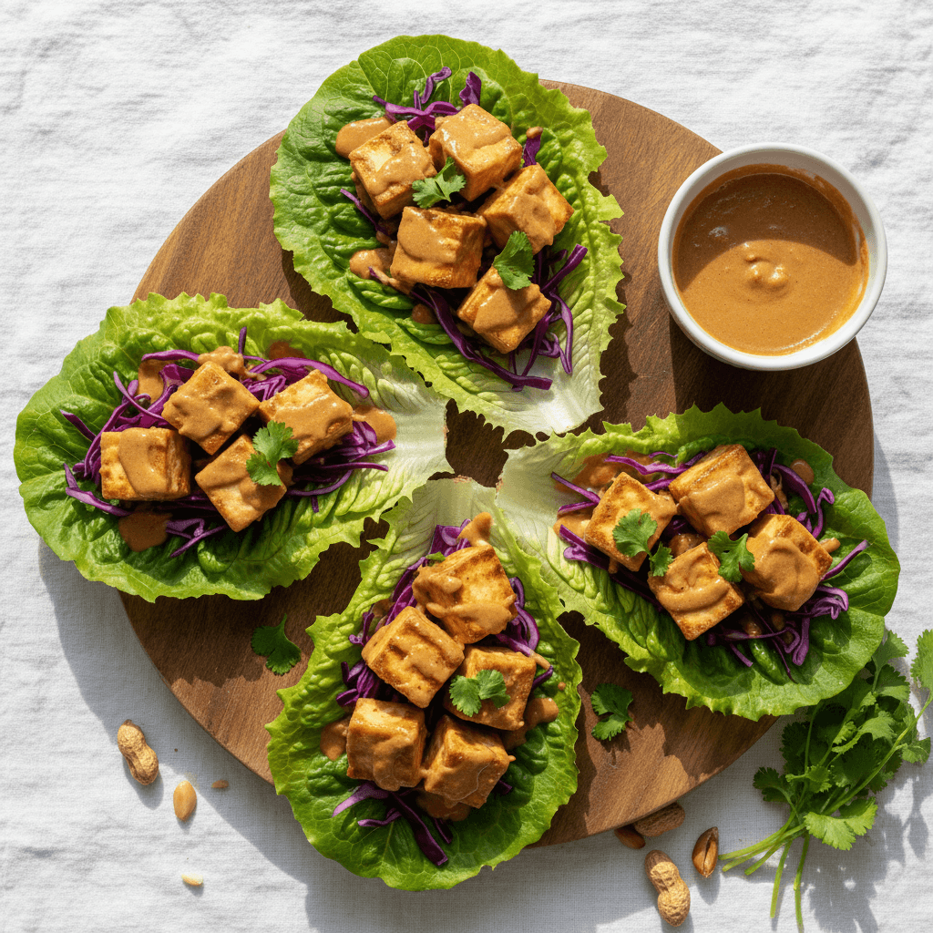 Wrap de laitue au tofu satay et chou rouge