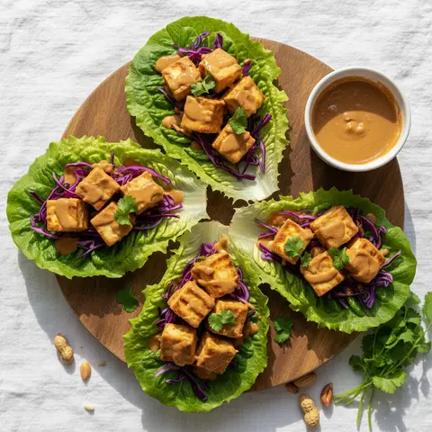 Wrap de laitue au tofu satay et chou rouge
