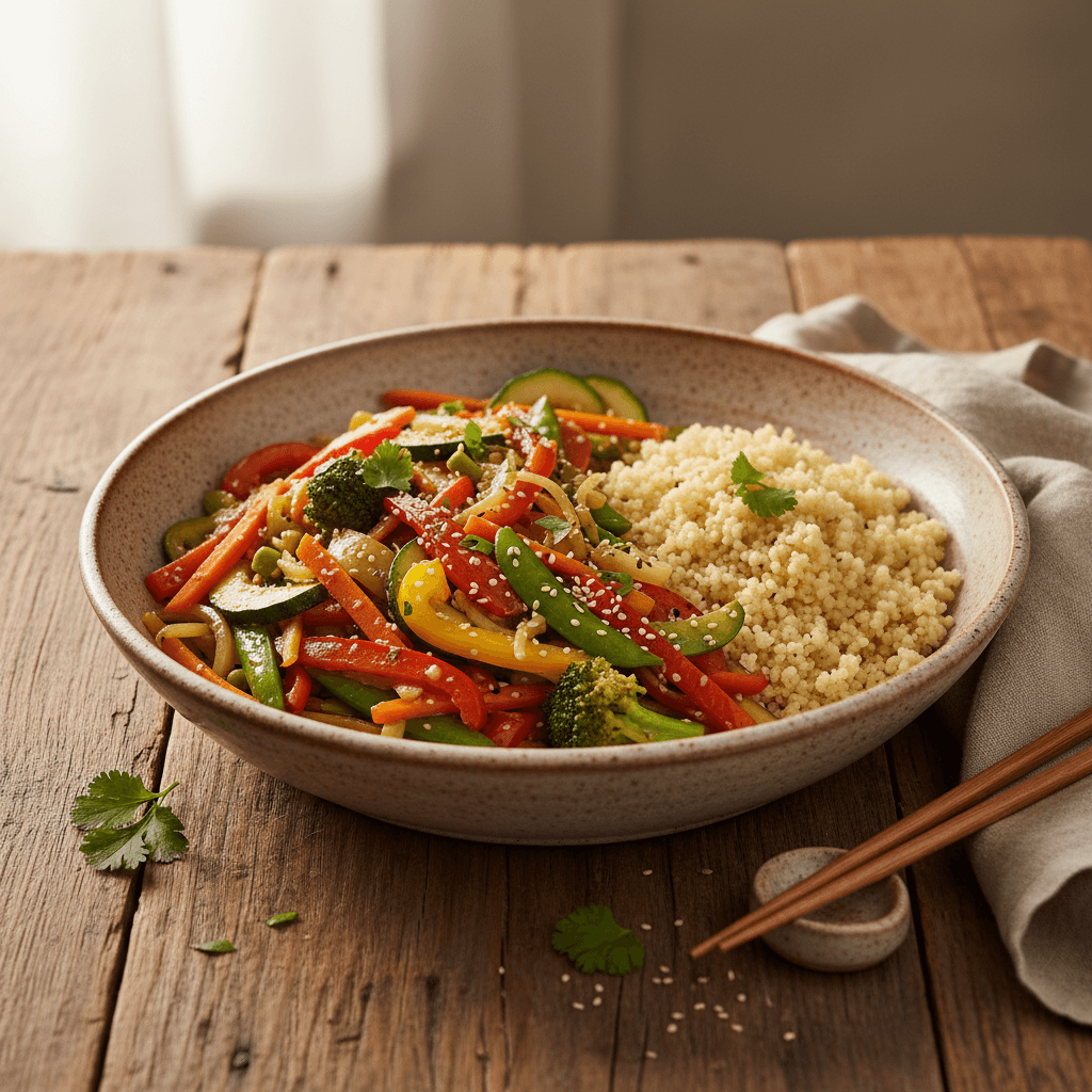 Gemüse-Pfanne im Wok mit Grieß