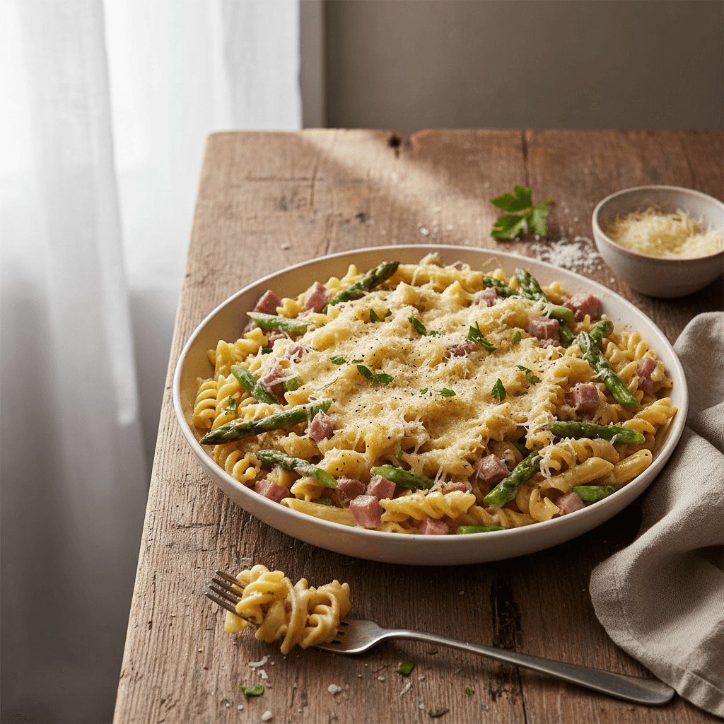 Pasta mit Spargel, Schinken und Gruyère