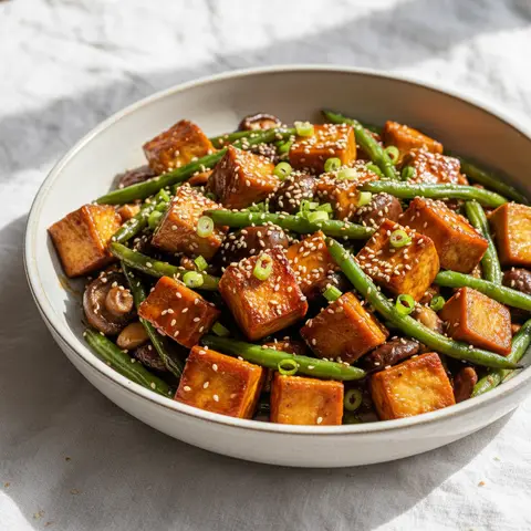 Poêlée de tofu teriyaki aux haricots verts et champignons