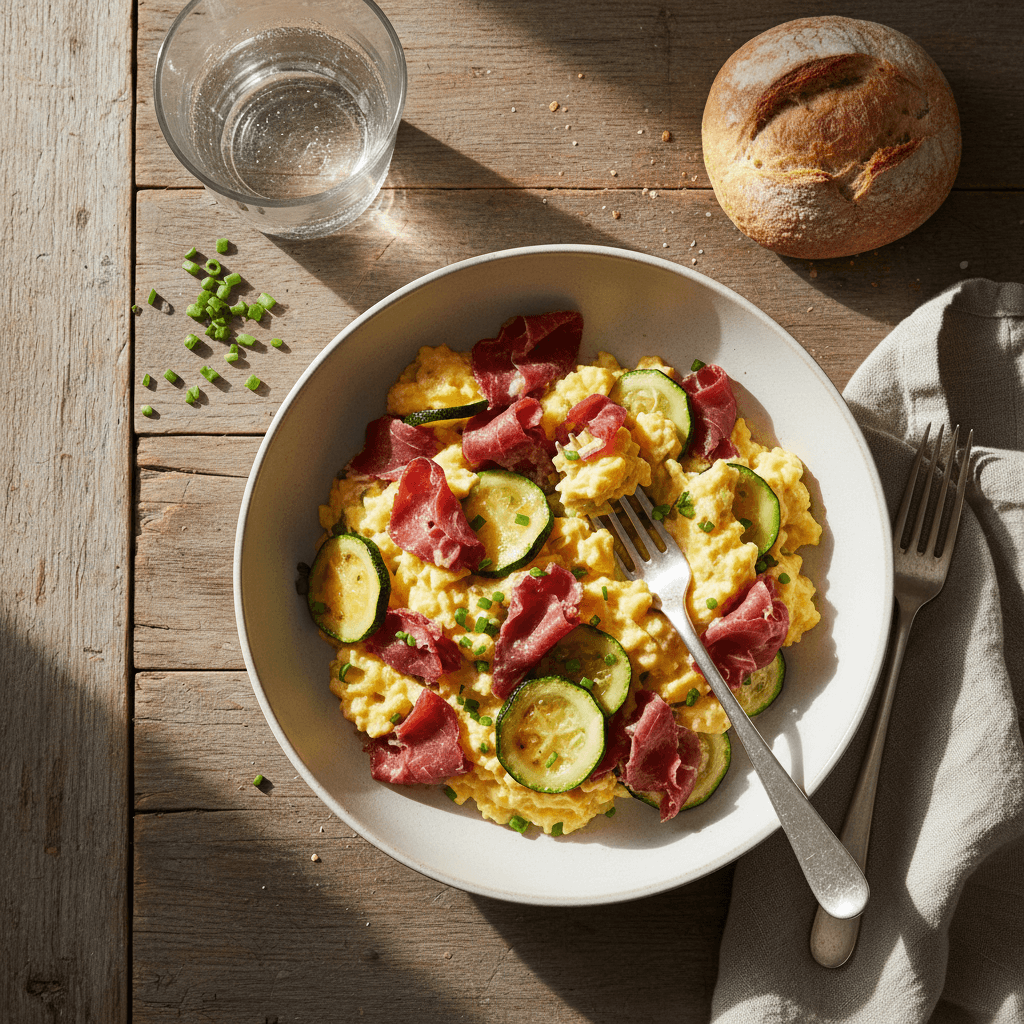 Oeufs brouilles au boeuf seche et courgettes a la suisse