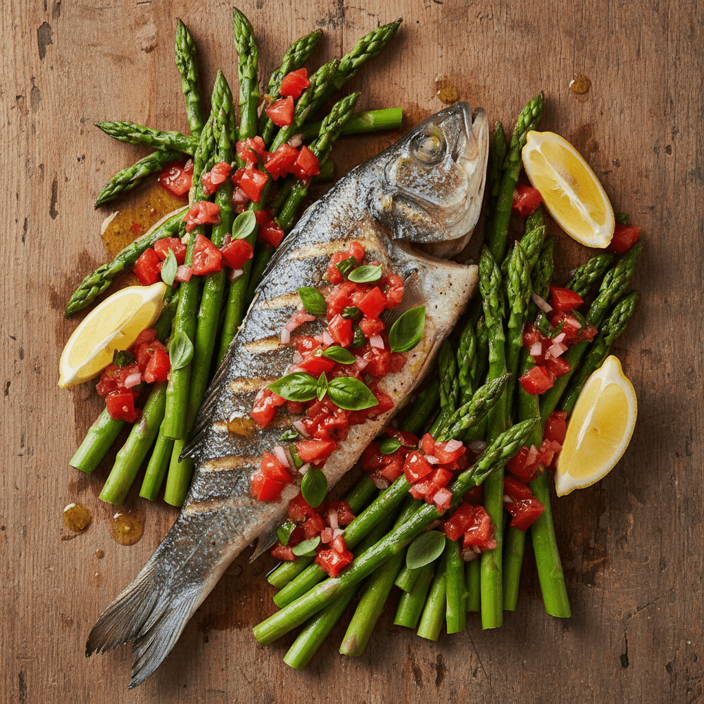Bar grillé aux asperges et sauce vierge