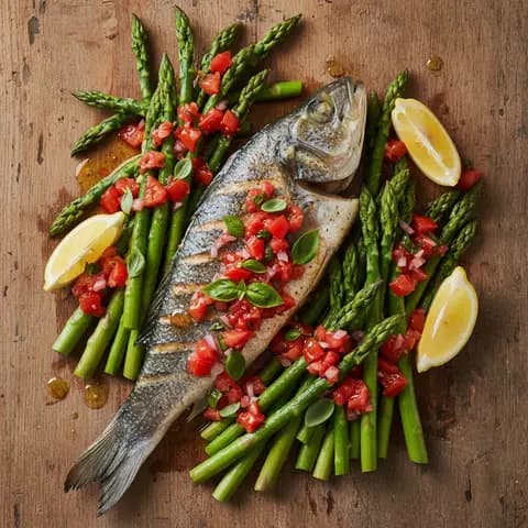 Bar grillé aux asperges et sauce vierge