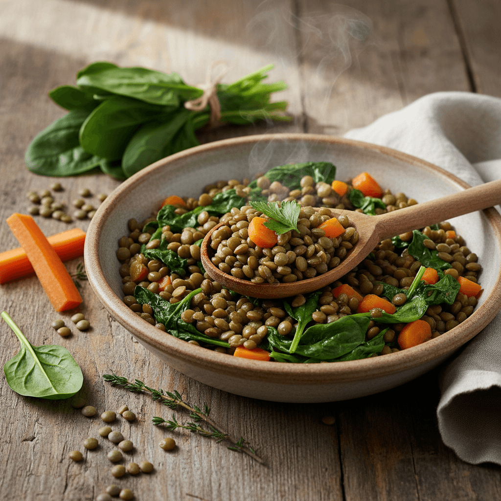 Poêlée de lentilles aux épinards et carottes
